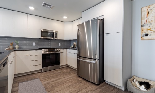 Kitchen with ample counter space and stainless steel appliances - Rivermark Northern Liberties 2 and 3 bedroom townhomes for rent Philadelphia PA