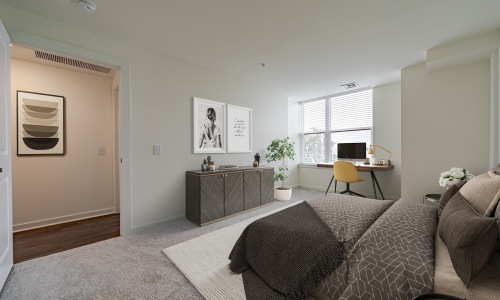 Bedroom with large windows and natural lighting - Rivermark Northern Liberties townhomes for rent in Philadelphia